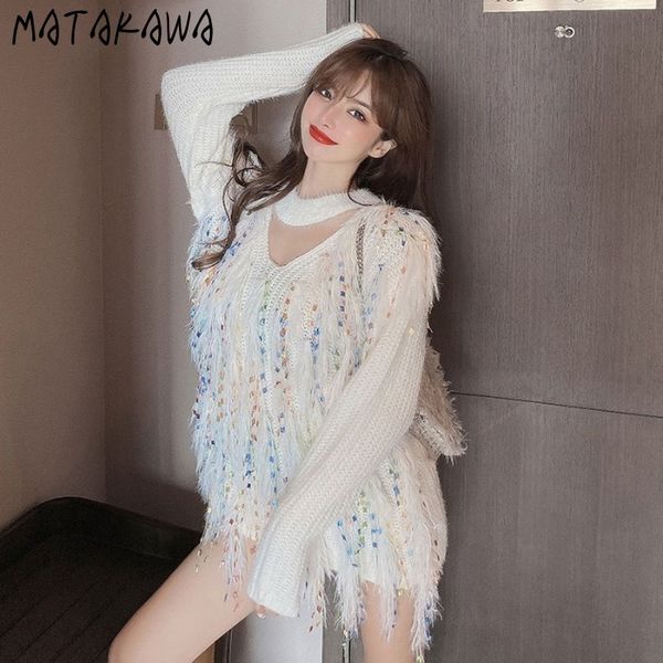 

matakawa casual v-neck sweaters women spring solid color furry tassel pullover loose wild long-sleeved sweater 210513, White;black