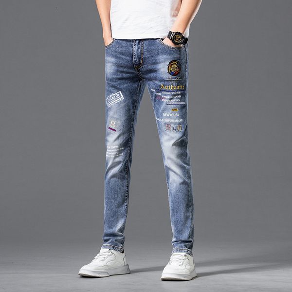 

jeans hong kong high-end embroidered autumn and winter casual leggings middle waist elastic pants korean blue men