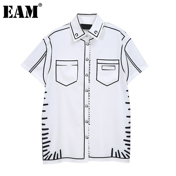 

[eam] women white casual printed pocket blouse lapel short sleeve loose fit shirt fashion spring summer 1dd8534 210512