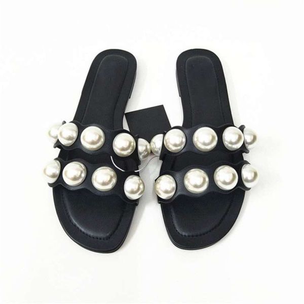 

brand shoes fashion flat slippers party fulgurant pearl sandals thin belt roman women flip flops casual beach 210928, Black