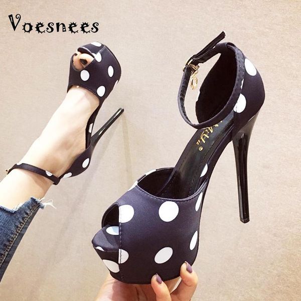 

sandals voesnees women's shoes 2021 stiletto waterproof platform women silk satin polka dot fish mouth back strap high heels1, Black
