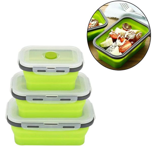 

collapsible bento box silicone storage containers with lids folding reusable lunch for kitchen 350/500/800ml green dinnerware sets