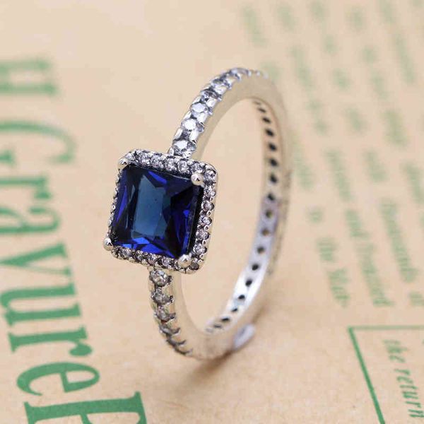 

selling pandora2022 ins new white copper silver plated ring female pan family blue square zircon ring personalized creative full diamond rin