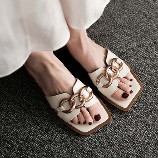 

fashion metal chain flat sandals and slippers for women's outer wear square toe open-toe one-line cowhide women one foot beach muller l, Black