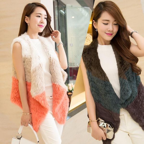 

women's fur & faux 2021 natural vest real knitted gilet be1429, Black