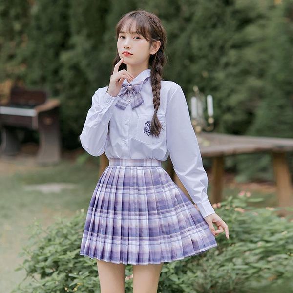 

clothing sets make college students wind plaid skirt suit uniform jk long-sleeved purple two-piece fashion, White