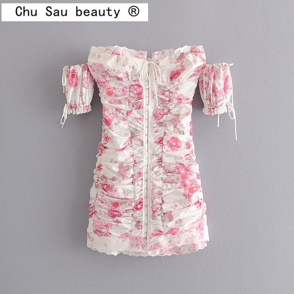 

chu sau beauty new vintage fashion dress female summer word shoulder floral lace stretch back waist mini dresses women 210319, Black;gray