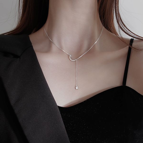 

the moon tassel necklaces new female necklace niche design feeling collarbone chain, Silver