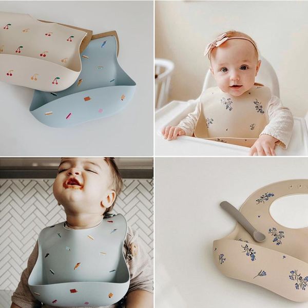

baby silicone bib cherry cartoon cute waterproof bibs infant feeding supplies fashion flower printing boy stuff arrived hair accessories, Slivery;white