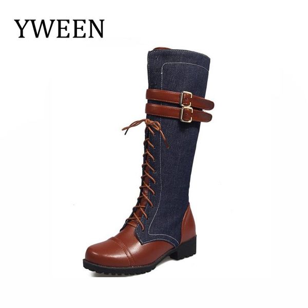 

spring boots women knee-high cowboy patchwork with belt buckle single for botas mujer invierno, Black