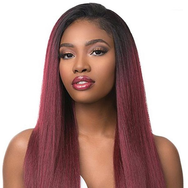 

ombre redwine lace front human hair wigs t1b/99j# brazilian straight 13x4 wig for black women 150% density soku1, Black;brown