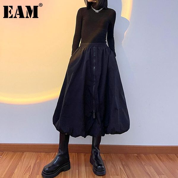 

[eam] vinatge zipper pockets button black high elastic waist half-body skirt women fashion tide spring autumn 2021 1dd3777 skirts
