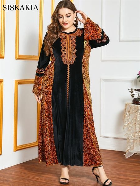 Siskakia Veludo Maxi Vestido para Mulheres Indie Indie Popular Bordado Leopardo Patchwork Turquia Árabe Muçulmana Roupas Plus Size 210319