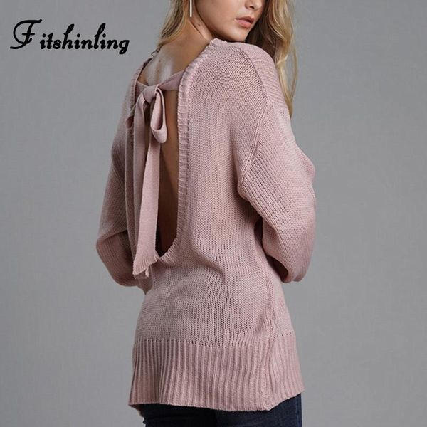 

women's sweaters fitshinling backless bowknot sweater for women fashion slim pink jumper pullover female clothes knitwear winter, White;black