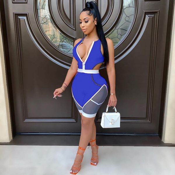 

skinny party overalls women jumpsuits o neck sleeveless bodycon patchwork club playsuit romper, Black;white