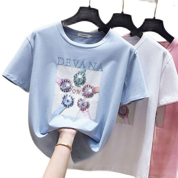 

women's polos 2021 summer european station heavy industry sequin white short-sleeved t-shirt female ins super fire loose half-sleeved