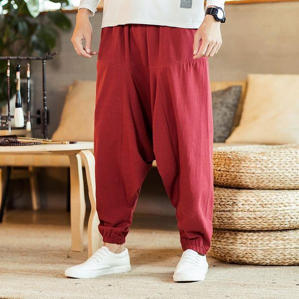 

men baggy harem pants hip hop cross joggers causal loose trousers wide leg cotton linen pantalones hombre streetwear men's, Black
