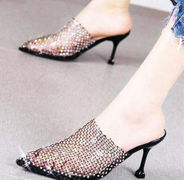 

bling mesh rhinestone slipper ladies slingbacks pump poineted toe shoes summer cup heels crystal slide sandals slippers, Black