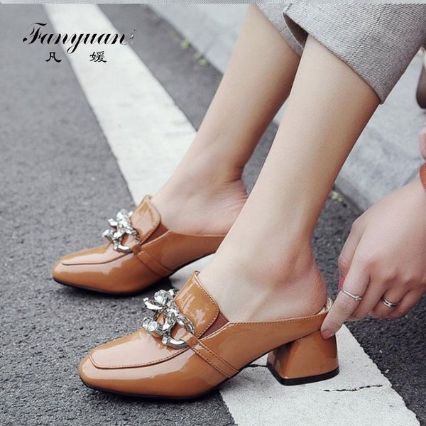 

slippers women shoes square head shallow mouth thick heel metal decoration pu leather fanyuan, Black