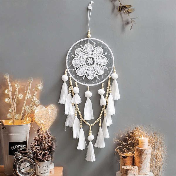 Dreamcatchers Makramee-Feder, handgefertigter Wandteppich, weiße Quaste, Boho-Wandbehang, Wohnzimmer, Schlafzimmer, Windspiele, Heimdekoration, Geschenk 210609