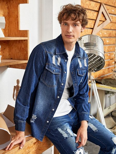 

men ripped button front denim shirt q1tn#, Blue