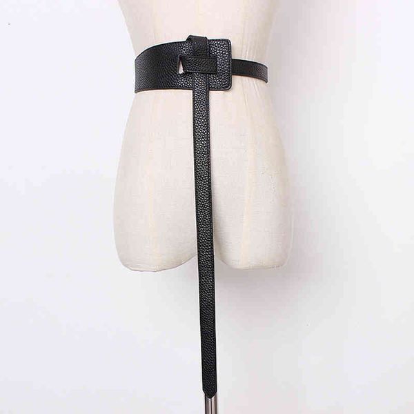 

[eam] new spring summer pu leather black 5 colors bucle stitch personality long wide belt women fashion all-match js633 210322, Black;brown