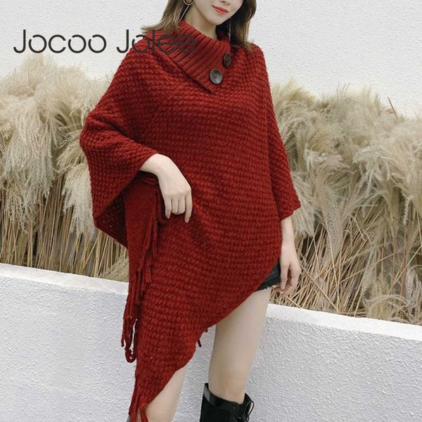 

jocoo jolee women winter korean furry soft loose turtleneck sweater tassel cloak casual long knit poncho harajuku sweater 210619, Black