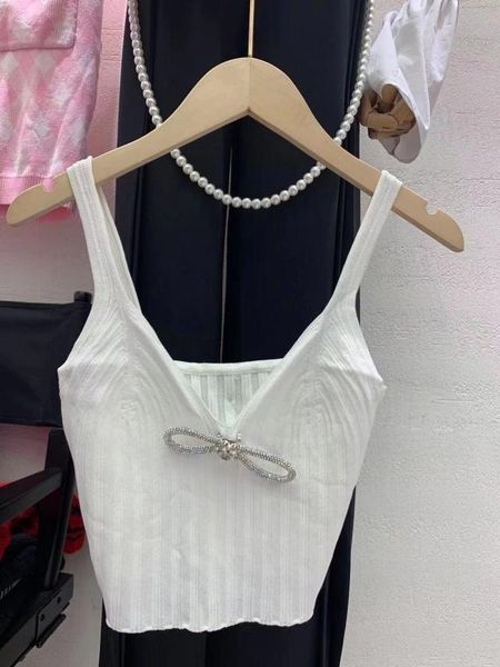 

Net red same model 2021 spring new V-neck chest bow diamond decorative sling slim top, White