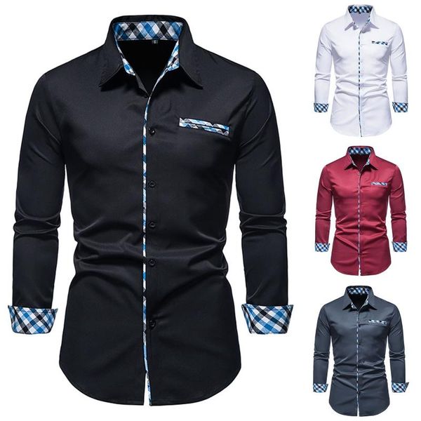 

men's casual shirts 2021 man vintage clothes autumn and winter plaid stitching long-sleeved lapel shirt camisas para hombre, White;black
