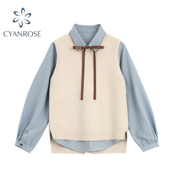 

women's cute preppy style bow blouse knitting vest two pieces clothing set autumn casual female shirt long sleeve elegant 210430, White