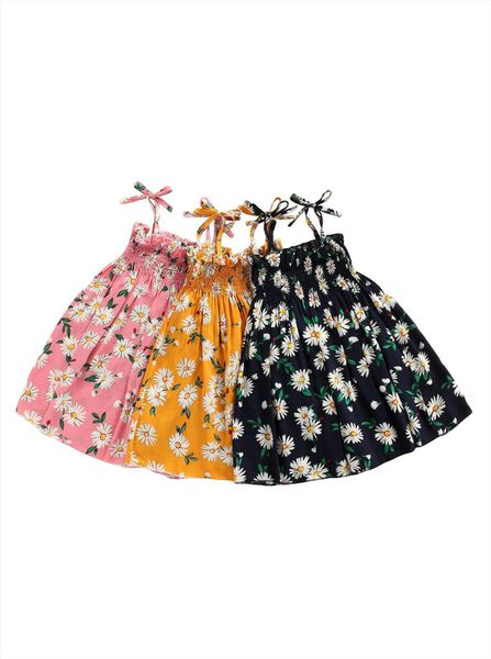 

summer kids girls daisy print girl dresses sling ruffles hem sleeveless lace up clothes, Red;yellow