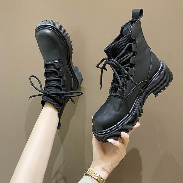 

boots women 2021 shoes round toe lace up ladies rubber rock autumn summer med ankle fabric hoof heels lace-up solid basic pu, Black