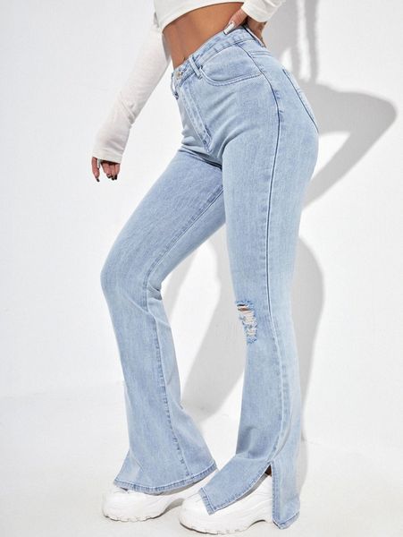

high waisted ripped split hem jeans 55tv#, Blue
