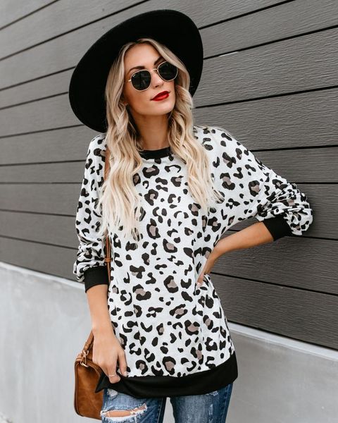 

women's t-shirt 2021 fashion patchwork leopard printed casual ladies pullover o-neck long sleeve loose elegant, White