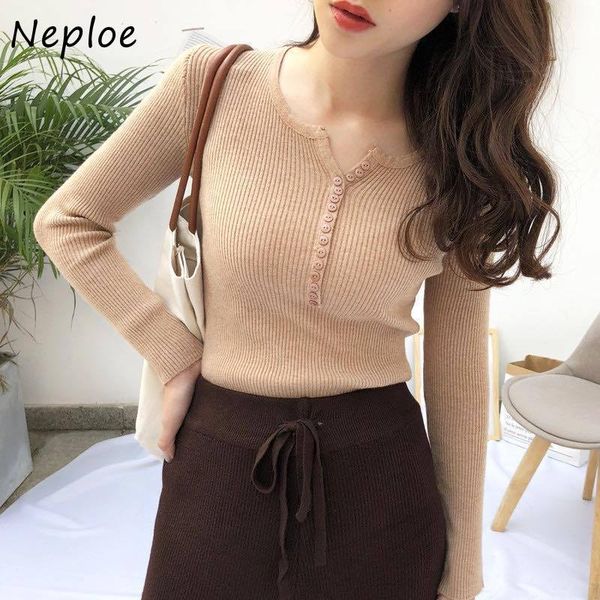 

autumn sweaters korean v-neck long sleeve simple button pullovers slim fit solid women knitted jumpers 82141 210430, White;black