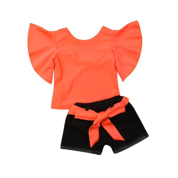 

baby girl 1t-6t clothes solid color pagoda sleeve ruffle jeans shorts 2pcs outfits cotton summer clothing sets, White