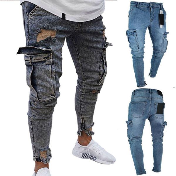 

men's pants men cargo biker jeans frayed denim skinny slim fit long trousers, Black