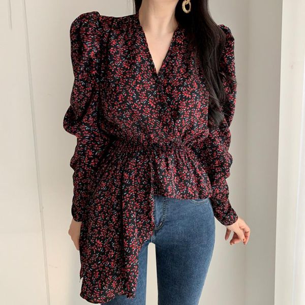 

women's blouses & shirts tunic large size flower print plus clothing for women v neck 2021 spring casual korean full sleeve xc257, White