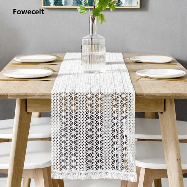 Fowecelt Hollow Out MacRame Masa Runner Modern Boho Beyaz Düğün Yemek Dekorasyon Estetik Oda Dekor Ev Tekstil 210709279n