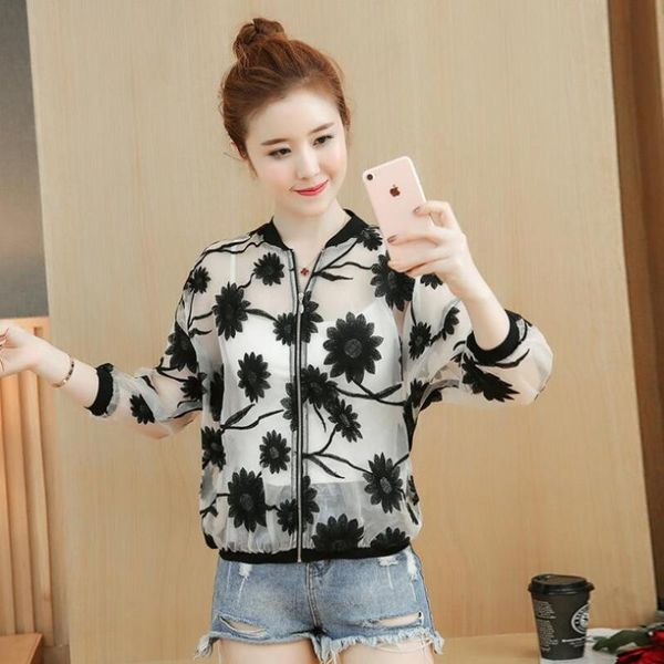 

women's jackets 2021 summer chiffon jacket women print basic coat thin long sleeve female casual bomber silm sunscreen outwear w204, Black;brown