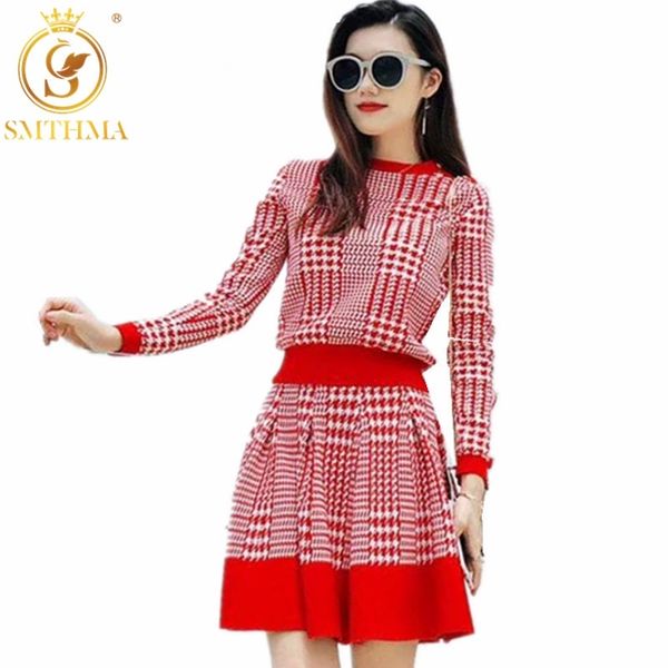 

autumn fashion runway women's long sleeve knit pullover sweater +high waist plaid skirt two piece ladies elegant suit 210520, White