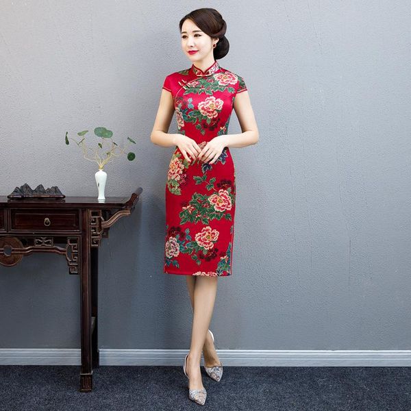 

plus size 5xl mxai cheongsam vintage chinese style short peony party evening dress oriental womens elegant qipao vestido ethnic clothing, Red