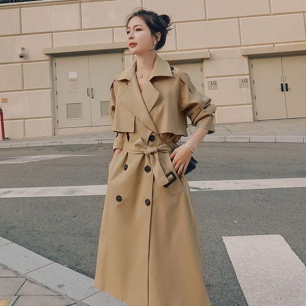 

brand spring autumn long women trench coat double breasted belted storm flaps khaki dress loose lady outerwear fashion women's coats, Tan;black