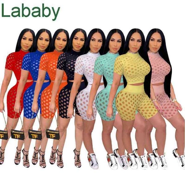

2022 designers tracksuits women mesh hollow perspective two piece shorts sets ladies summer short sleeve casual clothes, Gray