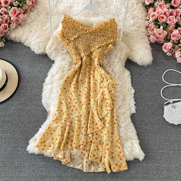 

yellow/red/purple floral printed dress women irregular ruffle high waist slim vestidos summer beach vacation robe 2021 new y0603, Black;gray