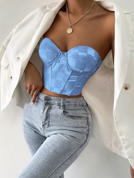 

checker print grommet lace up back crop tube e67r#, White