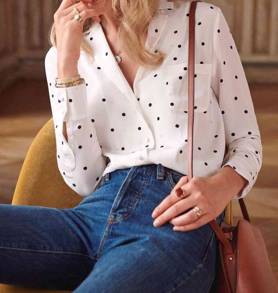

shirt small lapel polka dot silk 2021 early spring retro wave simple versatile sand wash and blouses women dben, White