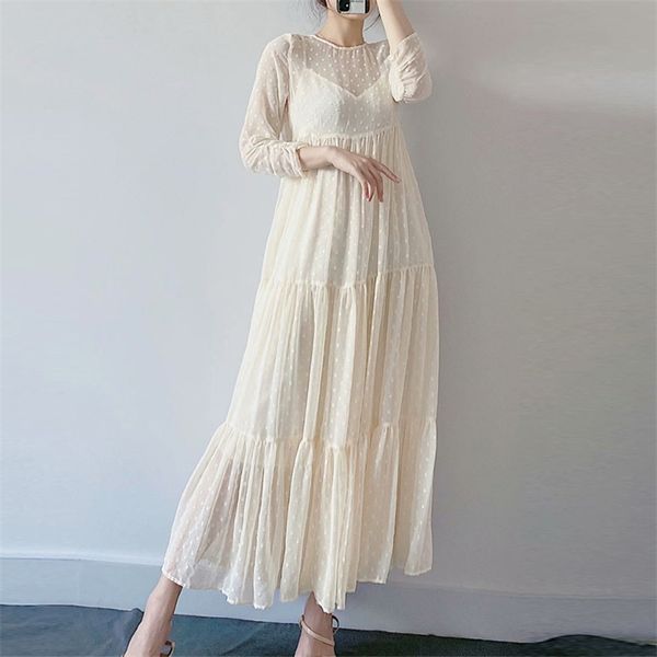 

women chiffon fake two-piece dress summer 3/4 sleeve loose spliced dot es female elegant party maxi vestidos 210513, White