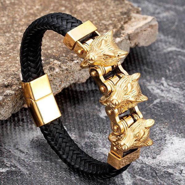 

gold wolf head stainless steel men leather bracelet punk accessories magnetic fashion wristband jewelry wholesale friends gifts charm bracel, Golden;silver