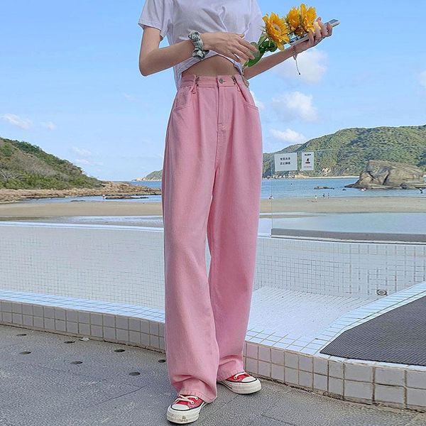 

women's jeans yc-098 personality women colorful drawing high waist unique design sweet casual cute retro washing wide leg denim pants, Blue